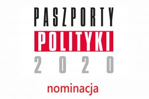czerwono-czarno-białe litery PASZPORTY POLITYKI 2020 oraz czerwony napis: nominacje