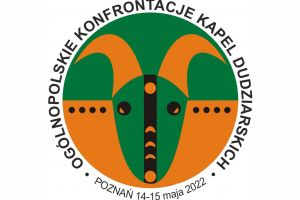 zielono-pomarańczowe logo konfrontacji z tekstem: Ogólnopolskie Konfrontacje Kapel Dudziarskich, Poznań, 14-15 maja 2022