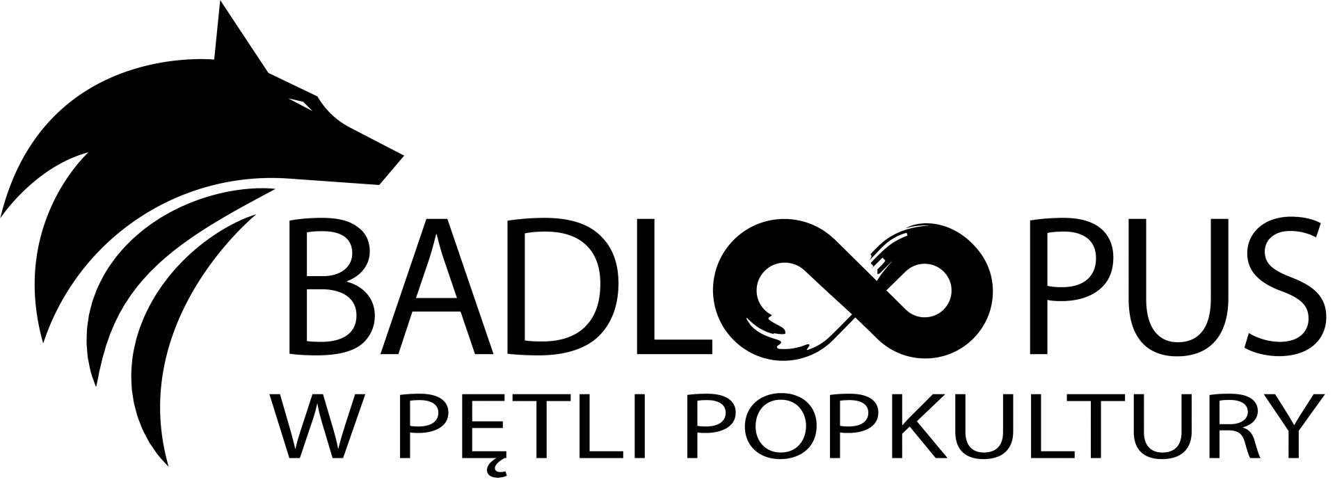 Logo z napisem: Badloopus w pętli popkultury i grafiką przedstawiającą głowę wilka