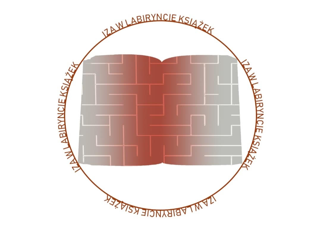 Logo z napisem po okręgu: Iza w labiryncie książek i grafiką przedstawiającą otwartą książkę z labiryntem
